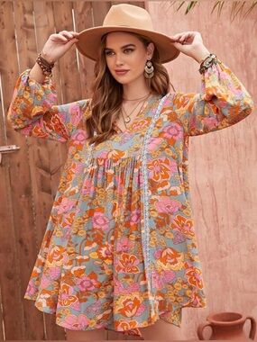 Rusttydustty Boho Floral Babydoll Dress
